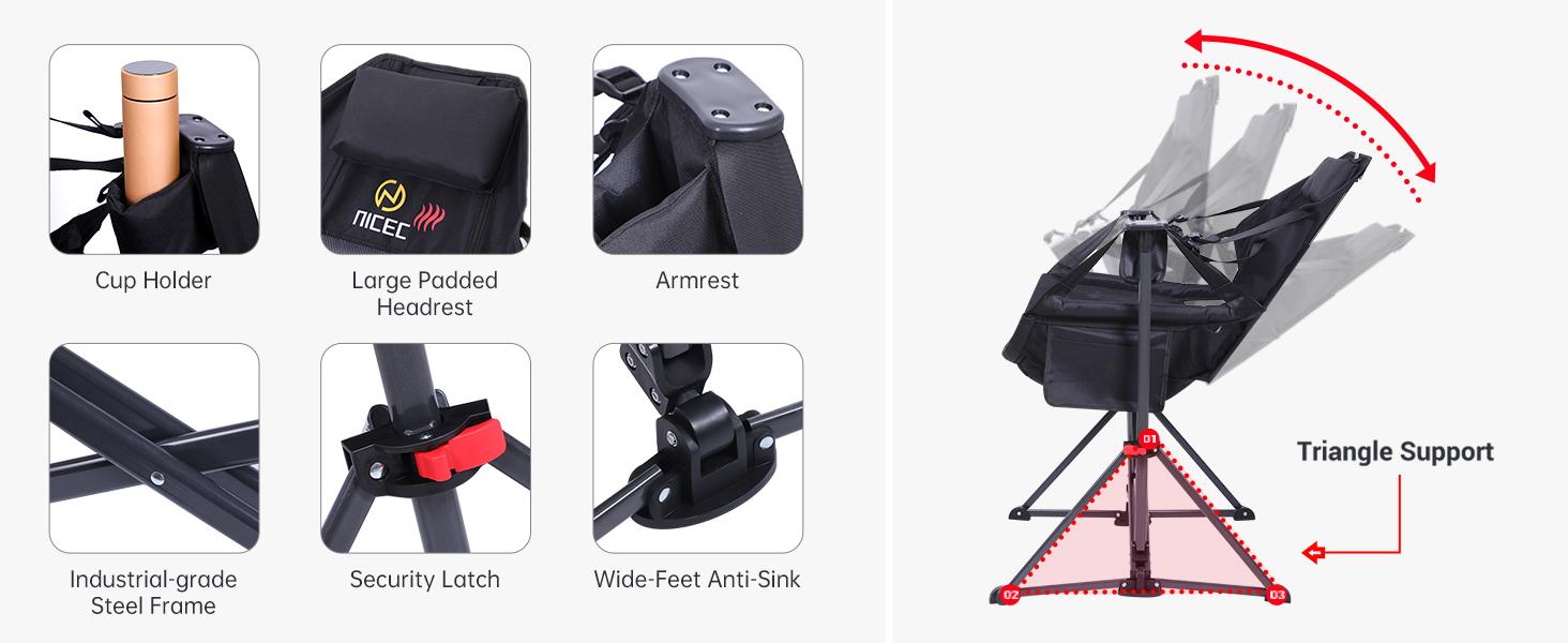 Heated Hammock Camping Chair, Swing Chair, Folding Rocking Chair, Camping Chair, High Back with Stand, Cup Holder, Side Pocket, Heavy Duty 10000mAh Power Bank Included