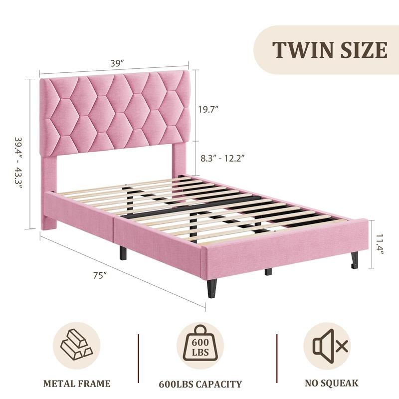 PinkTwin Bed Frame with Upholstered Headboard, Heavy-Duty Platform Bed Frame with Strong Wood Slats, No Box Spring Needed/Noise Free/Easy Assembly