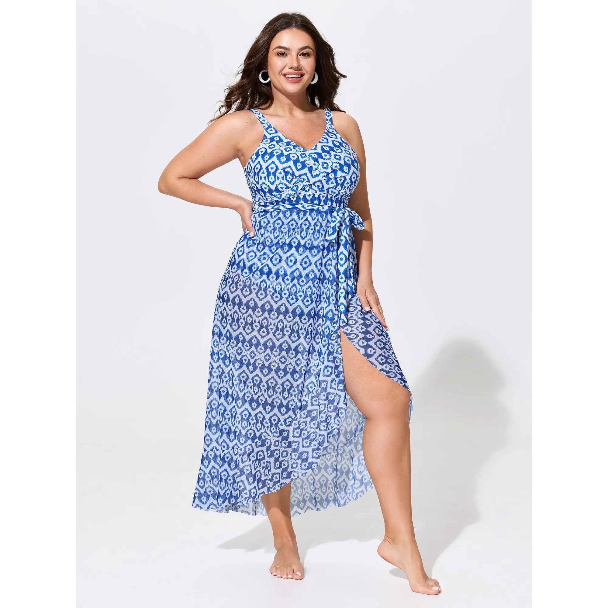 BLOOMCHIC Plus Size Sheer Sarong Two-Piece Print One-Piece Swim M-6X ,Summerfinds