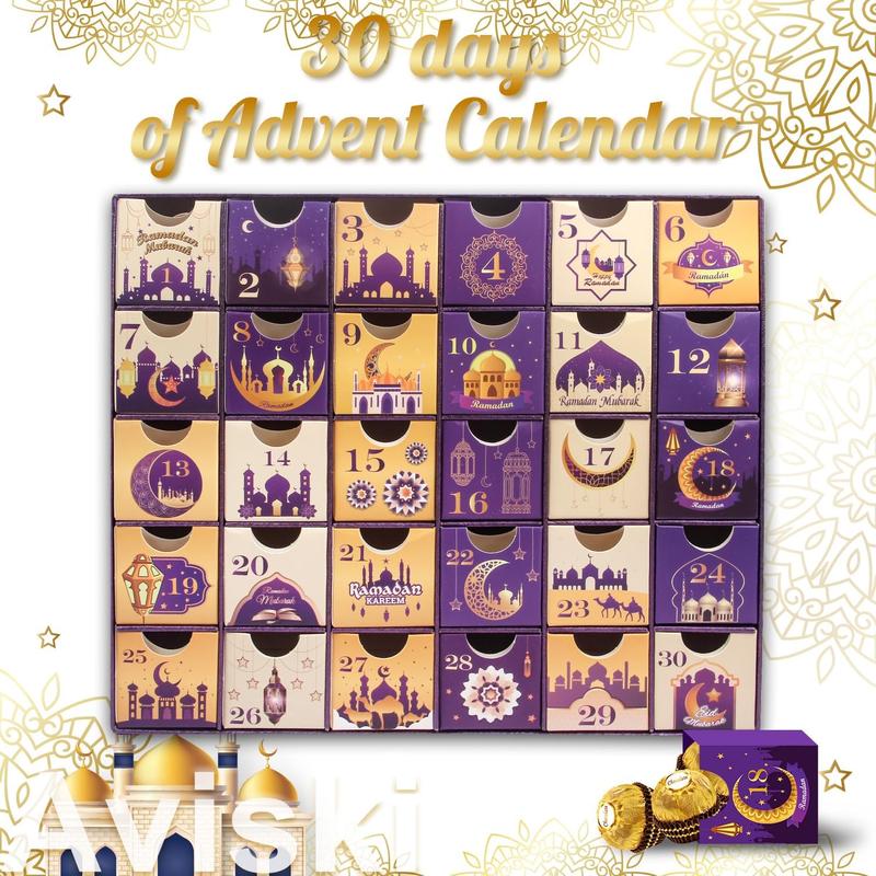 Ramadan Advent Calendar with Drawers, 30 Empty Boxes for 30 days, Eid Mubarak Coutdown Calendar Fillable Ramadan Gift, Islamic Art, Cardboard Number Storage Box, Ramadan Party Supplies - Purple