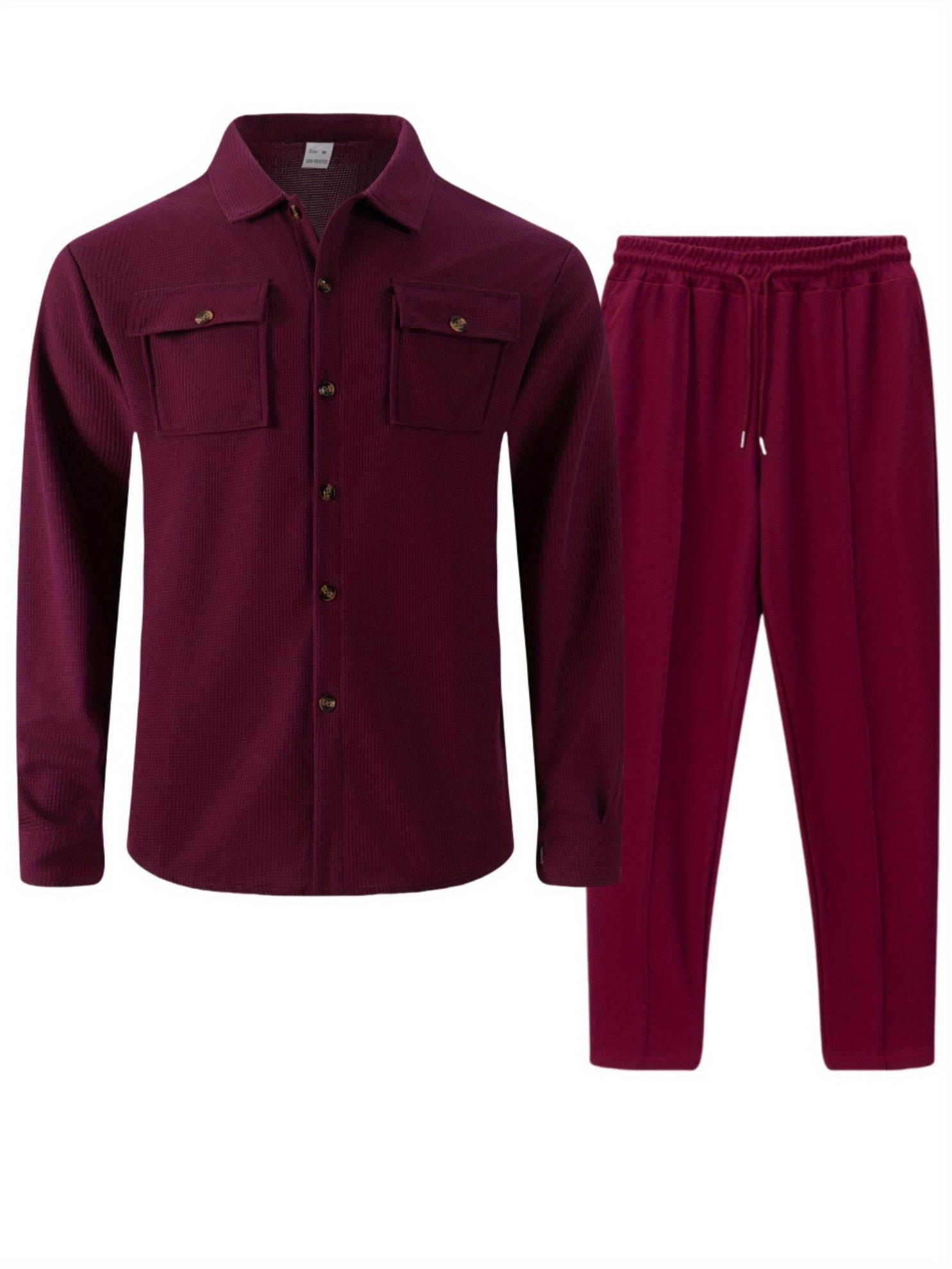 Autumn New Waffle Long Sleeved Pants Two-Piece Set Solid Color Double Pocket Button Up Cardigan Shirt Set for Men