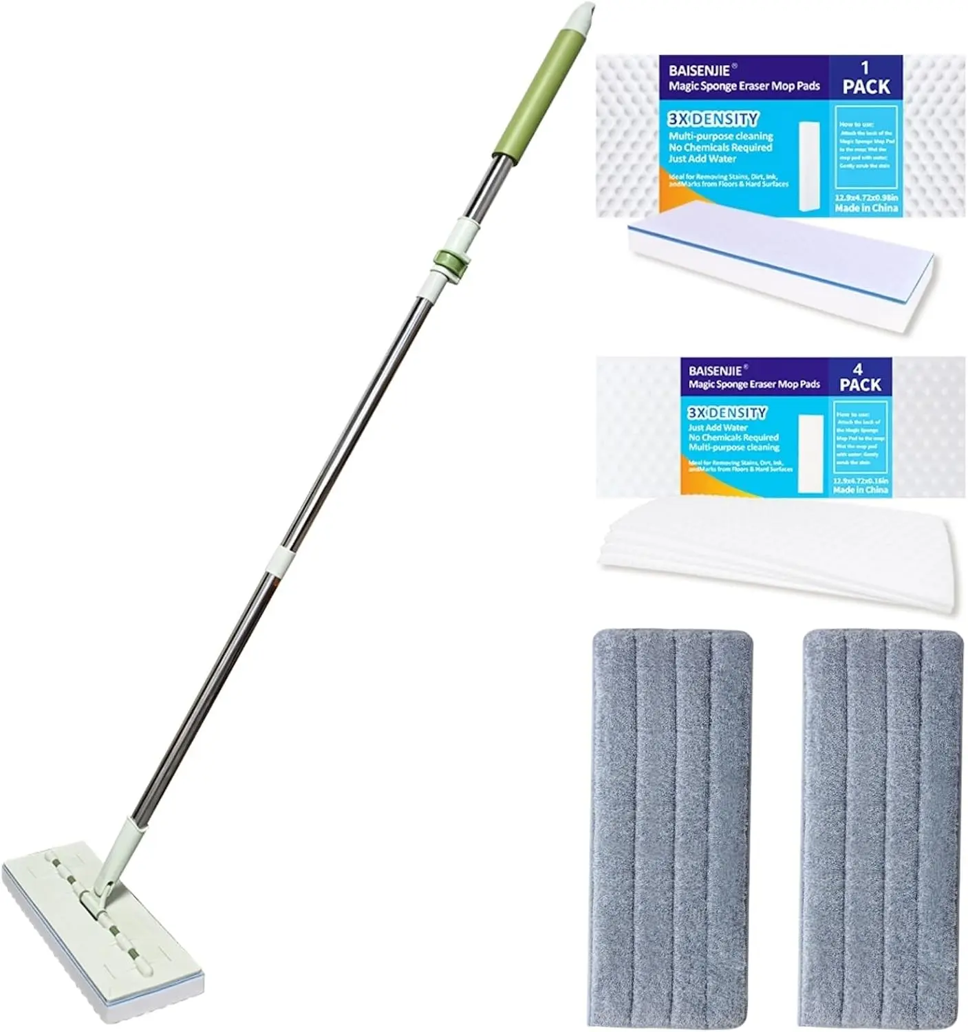 Magic Sponge Eraser Mop, 60" Adjustable Handle, 13" Flat Head, Melamine Sponge & Microfiber Pads