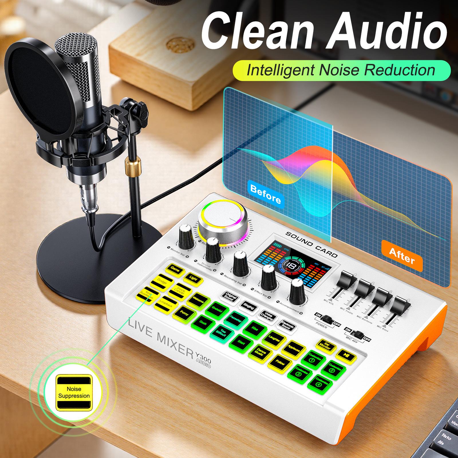 Y300 Audio mixer Podcast Equipment Bundle, Audio Interface with Cardioid Designer P15 Mic for Gamer and All-in-One DJ Mixer, Perfect for Live Streaming, Singing, YouTube, Gaming