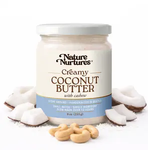 Creamy Coconut Butter with Cashew · 70% Coconut 30% Cashews · No Fillers · Raw · Stone Ground for 12 Hours · Small Batch · Handcrafted in USA · High Protein · 100% Pure & Natural · No Added Sugar · No Palm Oil · Packed in Glass Jar · 9 oz (255 g)