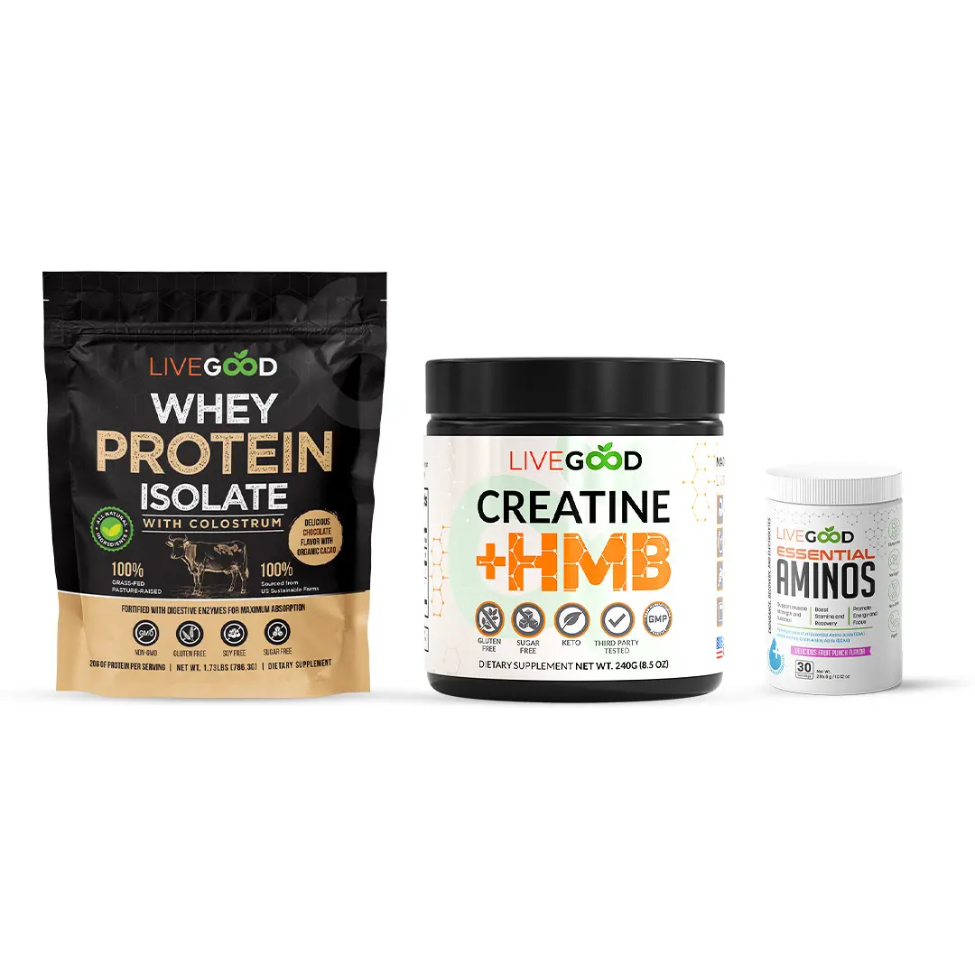 LiveGood Ultimate Performance Trio Fitness Supplement Stack - Sugar-Free Natural Edible Protein Supplement, Whey Protein Isolate Powder, Creatine+HMB, Essential Aminos, Electrolyte Mix for Muscle Support, Energy & Body Goals