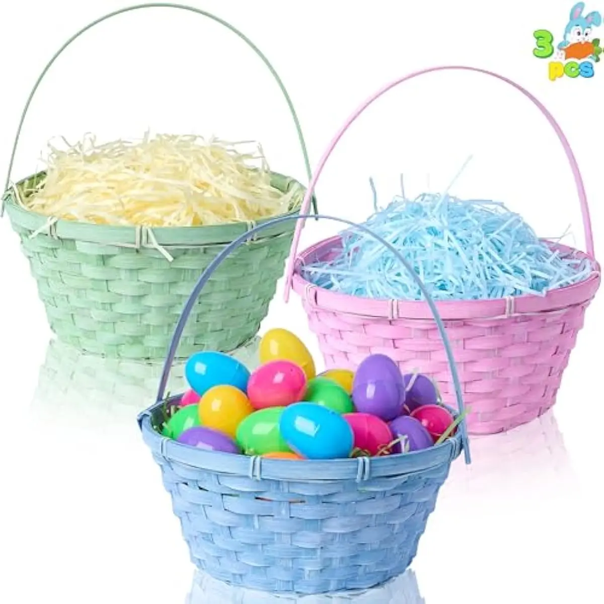 3 Pcs Easter Bamboo Baskets, Round Woven Goodie Basket with Handle, Empty Candy Toys Gift Basket for Easter Egg Hunt, Kids Party Treats Picnic Favors Decorations,10.25"X11"(Blue, Pink, Green)