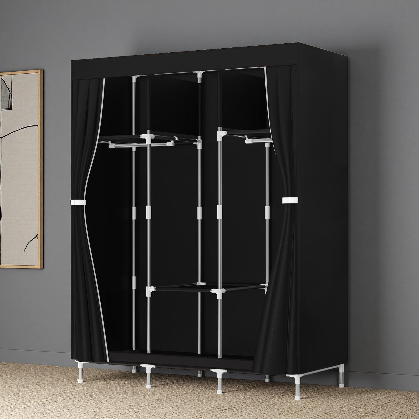 Portable Storage Organizer Wardrobe Closet for Bedroom Metal Hanging Rack Non-Woven Fabric Black(41.34'' *17.32'' *61.42'')