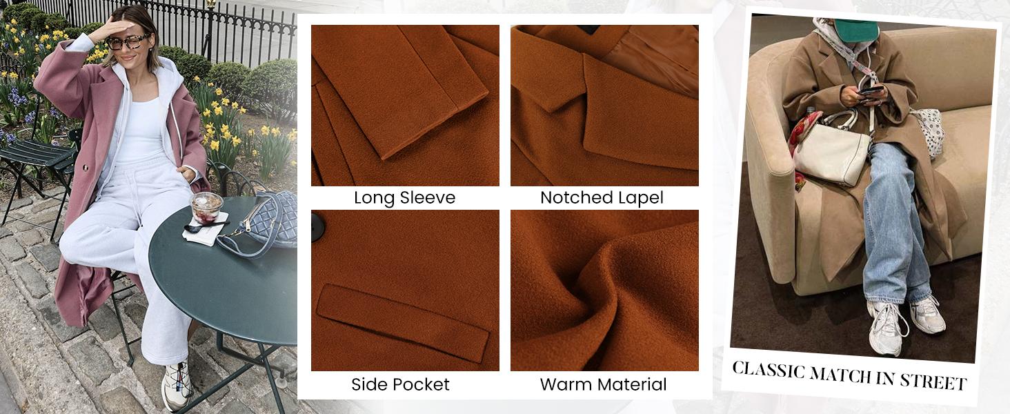 Tanming Women's Knee-length Overcoat Casual Notch Lapel Single-Breasted Wool-blend Peacoat Trench Coat Womenswear Outerwear Jackets for Spring Fall Winter