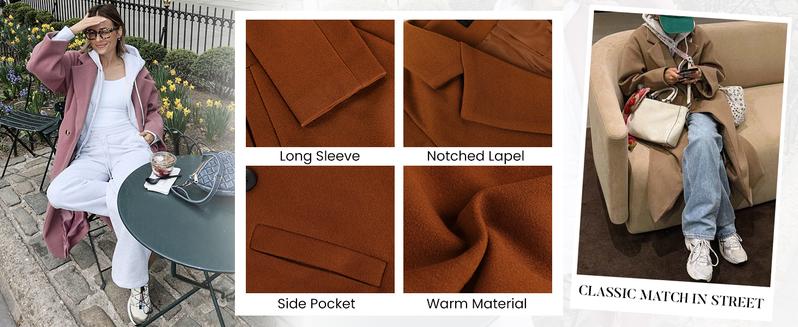 Tanming Women's Knee-length Overcoat Casual Notch Lapel Single-Breasted Wool-blend Peacoat Trench Coat Womenswear Outerwear Jackets for Spring Fall Winter