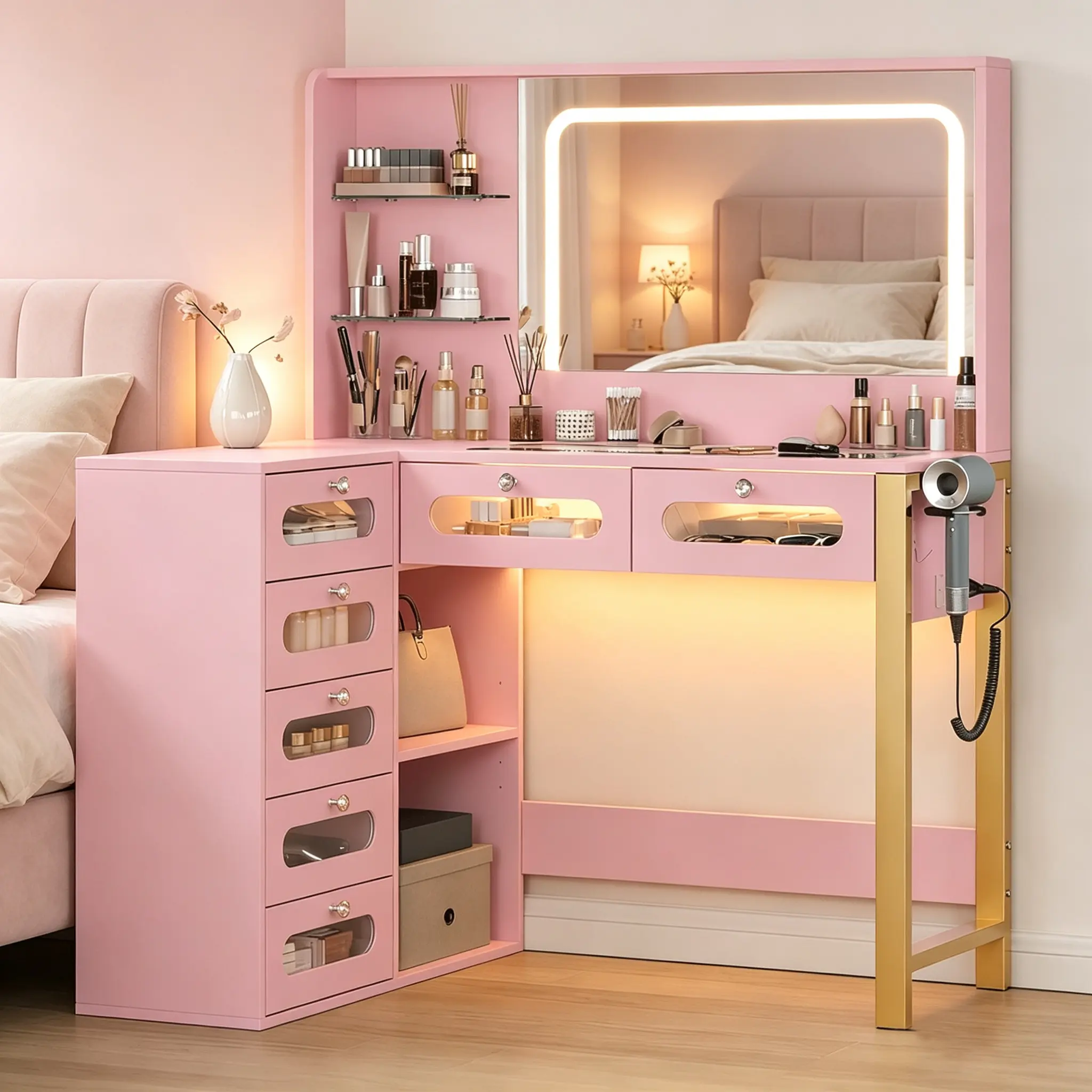 CollaredEagle Modern Sturdy Base Engineered Wood Makeup Vanity Desk with Glass Top, Mirror, Lights, 7 Drawers, 3 Lighting Modes, RGB Drawers, Power Outlet, Hair Dryer Holder, Light Control & Multiple Colors for Bedroom