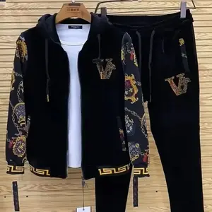 men'sgoldvelvetcasualtwo-piecesetEuropeanandAmericanspringnewouterwearpantsfashionyouthsuitmensUnisexLongSleevePoloShirtGift