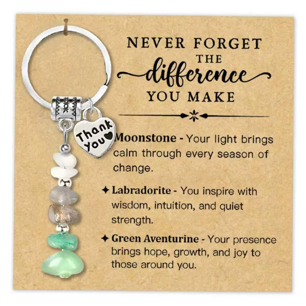 Baroque Plain Crystal Heart Keychain - Moonstone, Labradorite, Green Aventurine Tumbled Stone Key Ring, Appreciation Gift for Students, Back to School Bag Charm