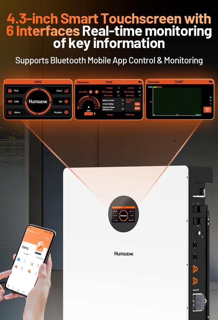 【Truck Delivery】HumsiENK 48V 314Ah LiFePO4 Lithium Battery - Offgrid power & Solar System Compatible, Bluetooth, Active Balancing, Wall-Mounted, 16kWh, 200A BMS, LCD Monitor, Grade A Cells, 15000+ Cycles, 10-Year Lifespan for Home Energy Storage
