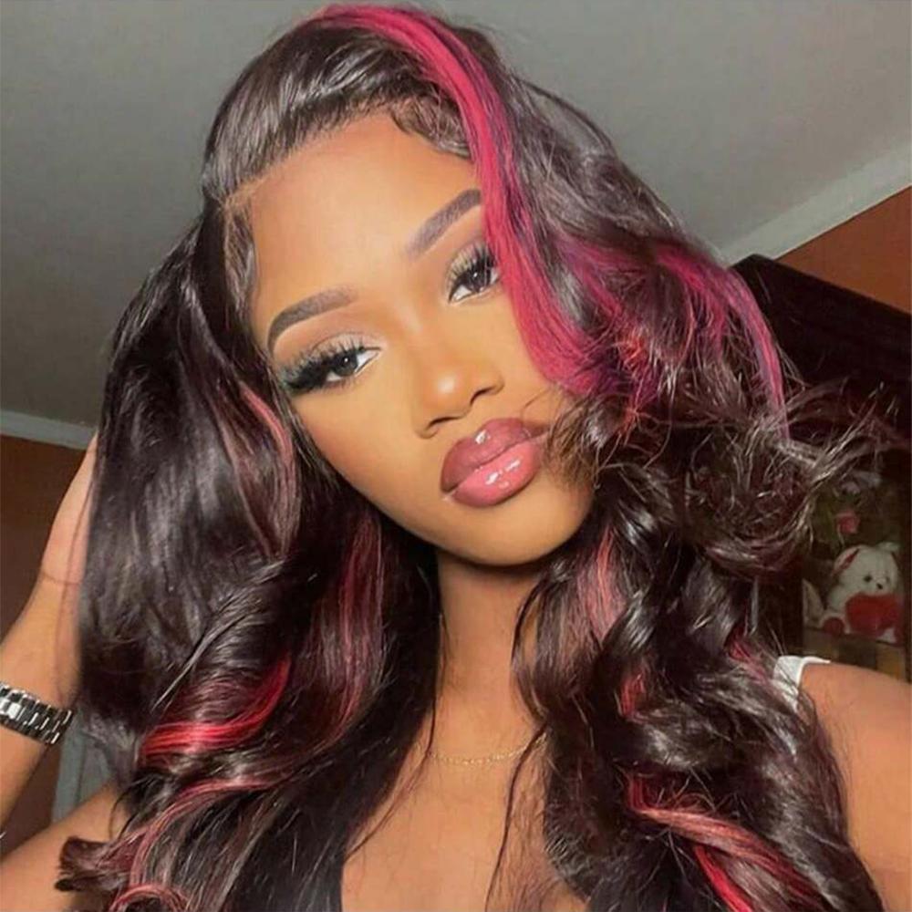 Ombre Lace Front Wig Human Hair Skunk Stripe Human Hair Wigs 13x6 Hd Lace Frontal Body Wave Highlight Pink Human Hair Wig Pink and Black Colored Wigs Human Hair 180%