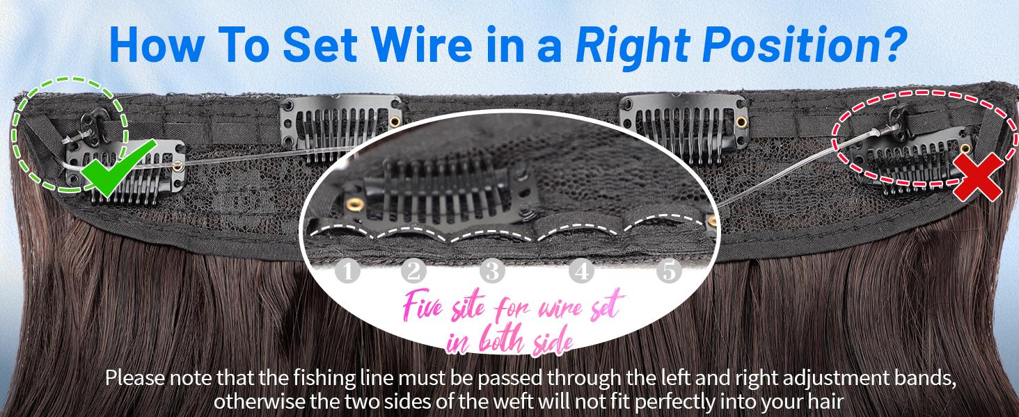 AISI HAIR Invisible Wire Synthetic Halo Hair Extensions 16/20/24 Inch Clip-On Long Wavy Hairpiece for Women Black Secure 4 Clips