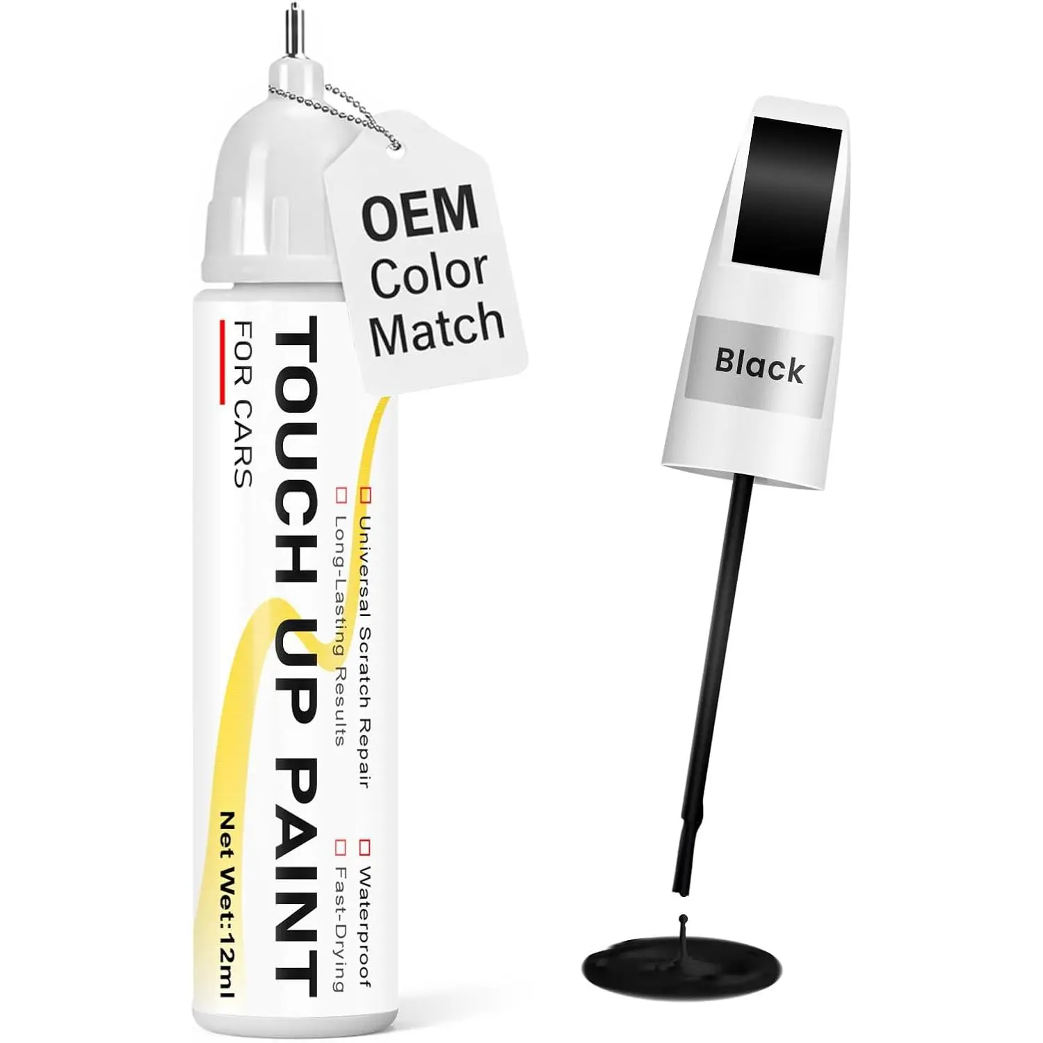 Gloss Black Car Body Touch-Up Fast-Dry Pen - 2-in-1 Brush-Tip Combo, 0.4 fl oz Universal OEM Paint, Long-Lasting Car Scuff Repair Tool