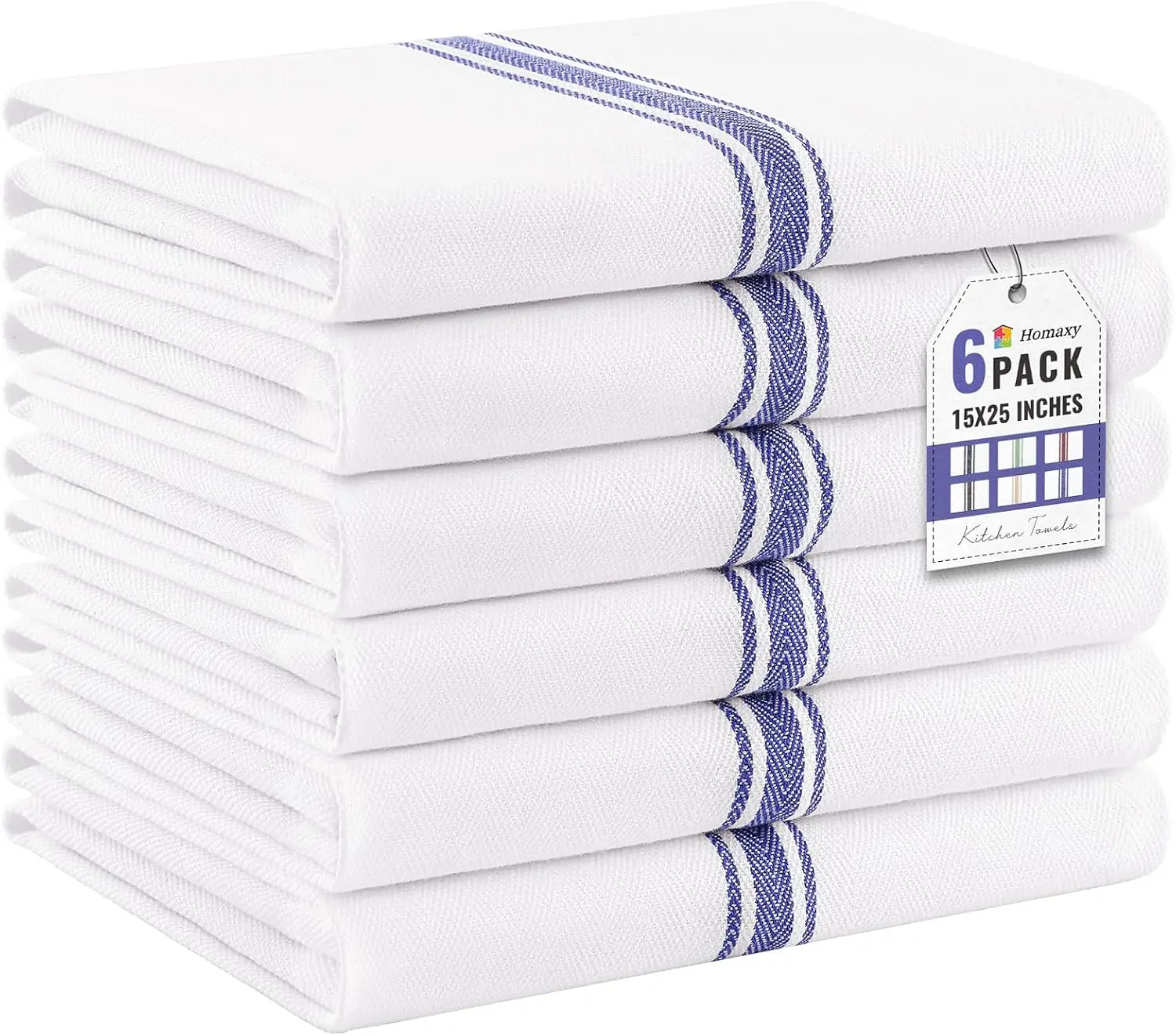 Kitchen Towels 6 Pack, 15 x 25 Inch, 100% Ring Spun Cotton Highly Absorbent Dish Towels for Kitchen Drying, Reusable Cleaning Cloths, Soft Tea Towel with Hanging Loop, Blue Stripe