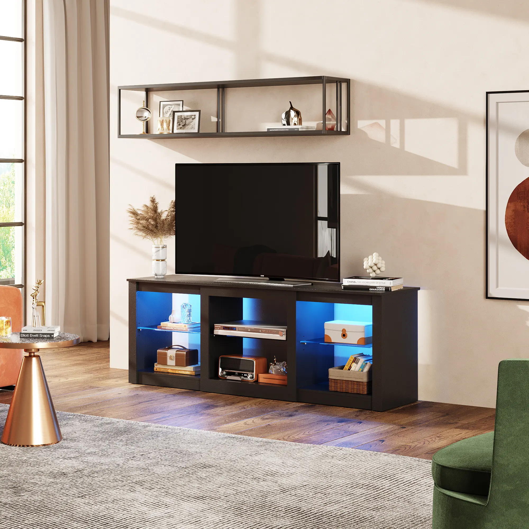 WLIVE Built-in LED Lighting Floor TV Stand - 65-in Compatible Console Cabinet, 58-in Multimedia Centre with Adjustable Glass Shelves for Living Room & Bedroom, Tv Console Cabinet, Built-In Led Lighting Tv Stands & Multimedia Centres