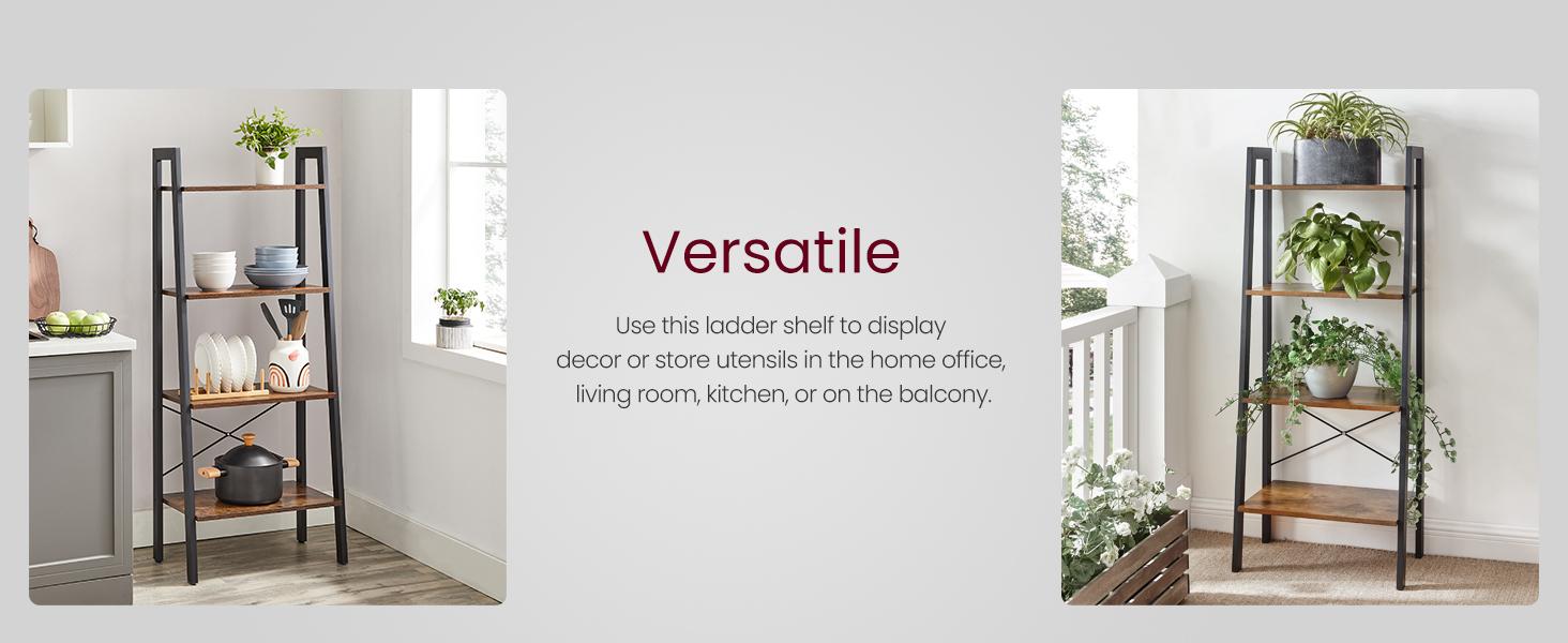 SONGMICS Ladder Shelf, 4-Tier Bookshelf, Storage Rack, Bookcase with Steel Frame, Industrial Style