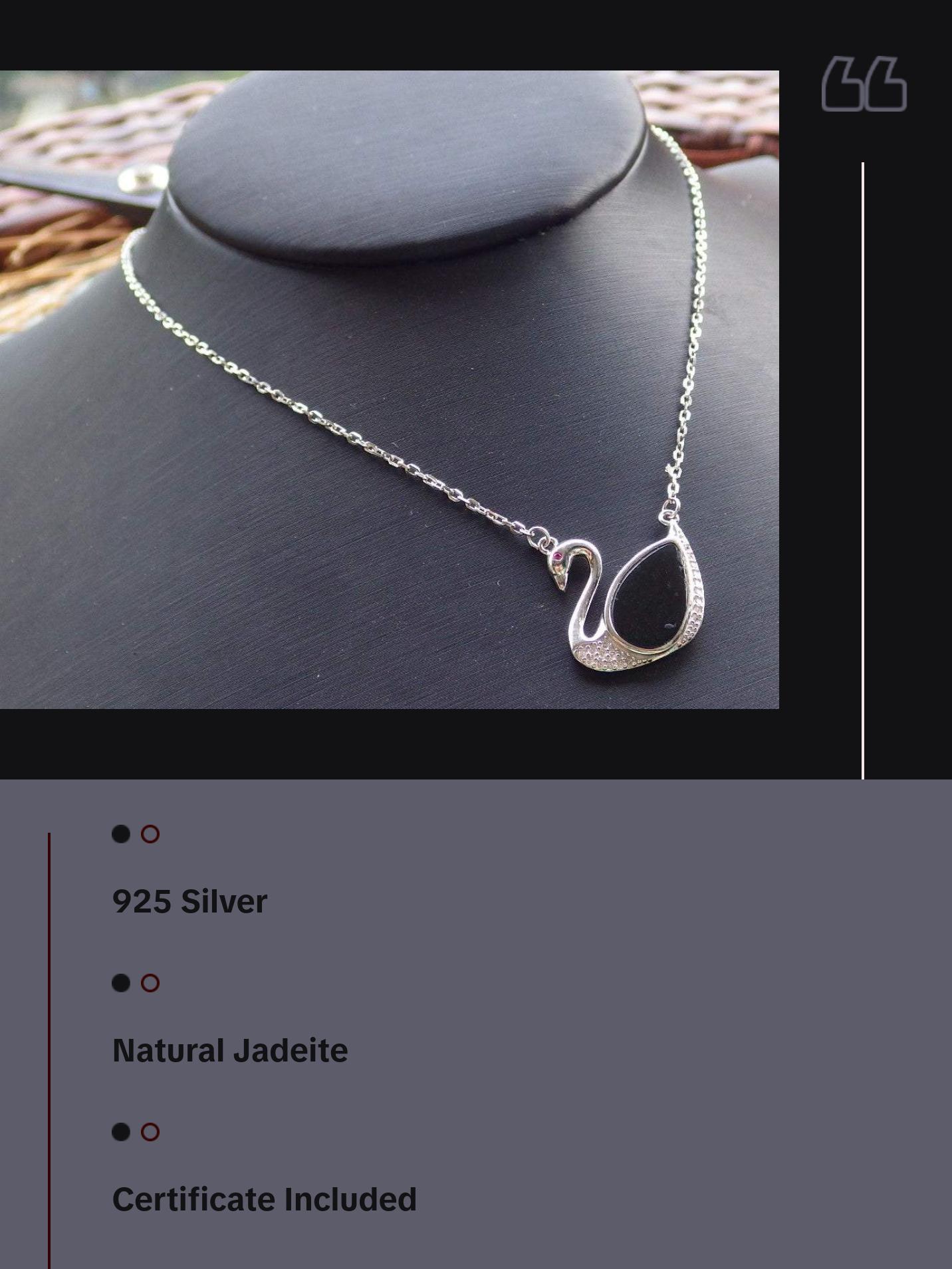 Silver 925 Certified 100% Natural Myanmar Burma A Jade Jadeite Black Dark Green Swan Pendant Necklace