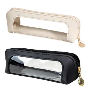 2Pcs Clear Makeup Brush Bag – PU Leather Transparent Waterproof Cosmetic Pouch with Zipper, Slim Double-Sided Portable Makeup Organizer for Women Travel, Home & Office (White & Black)