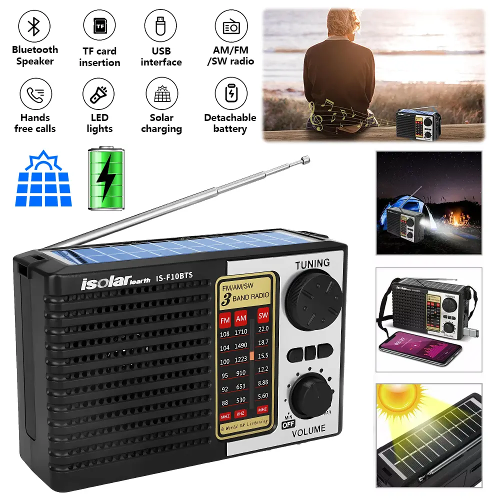 Portable Solar Radio AM/FM/SW Radio with Loud Speaker, Digital Speaker with Strong Reception, LED Lights, USB Charging, Detachable Battery Compact Emergency Radio for Indoor, Outdoor, Travel, Storms