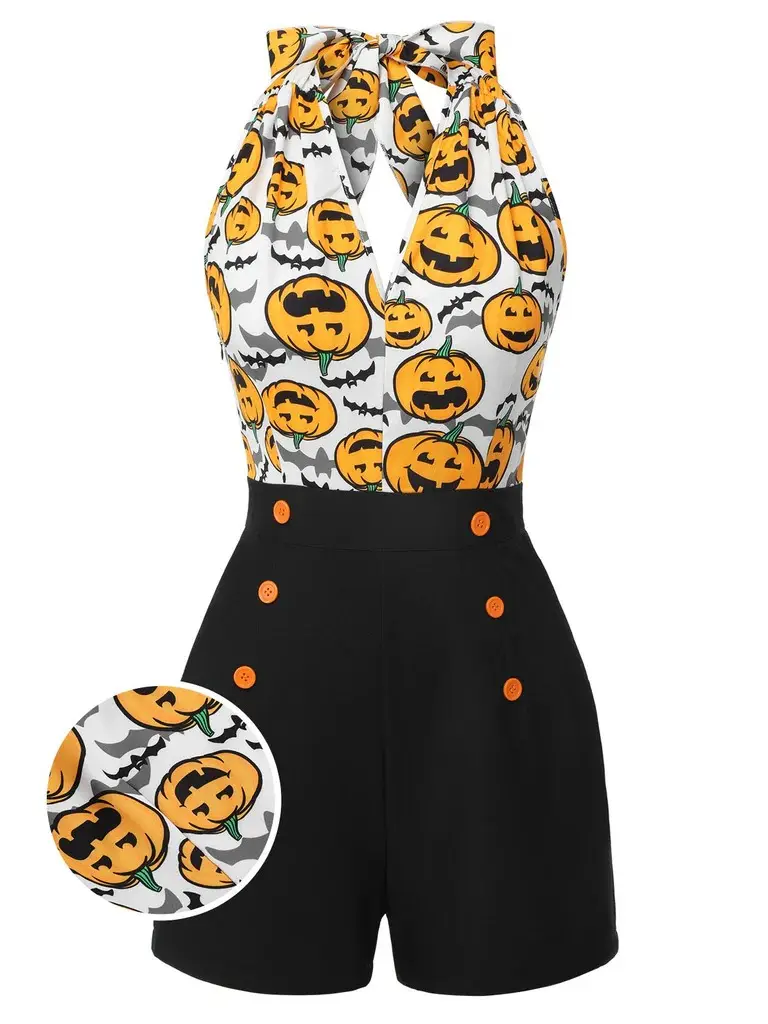 RETRO STAGE Women's Vintage 1950s Halloween Pumpkin Print Fitted Romper with Halter Neck and Back Zipper, Fitted Cut