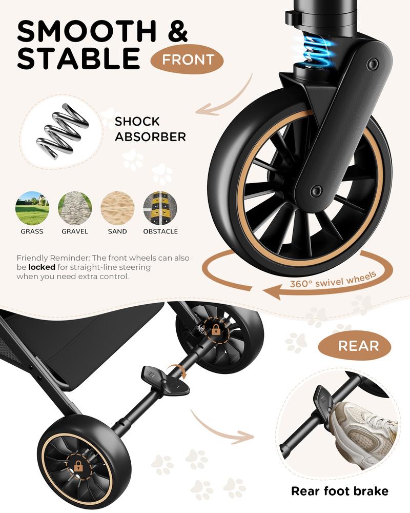 COMHOMA Foldable Pet Stroller with Weather Cover, 4 Wheels Pet Strolling Cart for Small/Medium Dogs and Cats with Storage Basket and Cup Holder, Breathable and Visible Mesh for All-Season