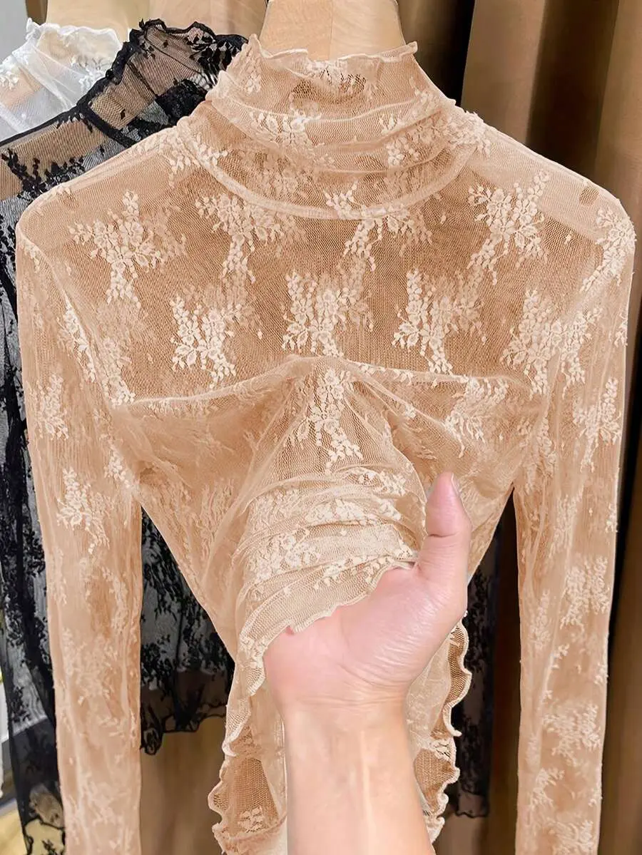 Lightweight Turtleneck Lace Undershirt, Mesh Ruffled Edge Base Layer Top For Women, Spring And Autumn 2024 New Design - Autumn Outfits, Back To School Outfits