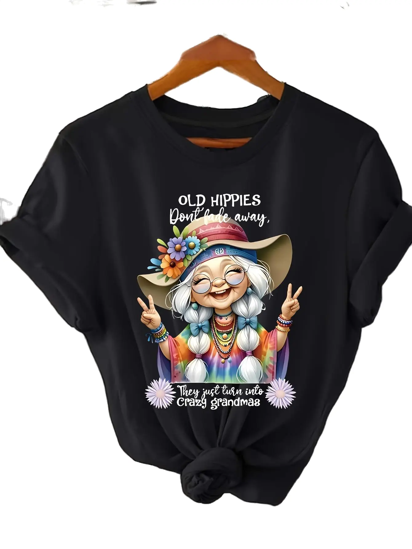 Women's Short-Sleeve Pure Cotton Classic T-Shirt - Round Neck, Hippie Peace Art Graphic & Digital Print Floral Pattern, Casual Regular Fit, Machine Washable, Comfortable Stylish Daily Wear Fabric