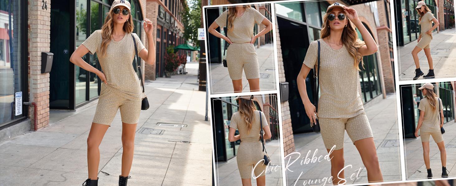 Ekouaer Biker Short Sets Women 2 Piece Outfits Ribbed Pajama Short Sleeve Workout Set
