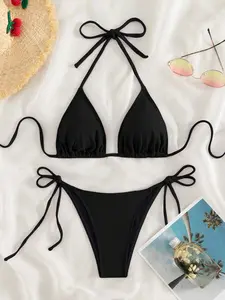 Swim Vcay 2026 Spring/Summer Green Special Fabric Women's Swimsuit, Spaghetti Strap Halter Solid Color Sexy Side Tie Thong Bikini Two-Piece Swimwear Teal Bikini Tie Bikini Set Textured Bikini Triangle Bikini Triangle Bikini Set