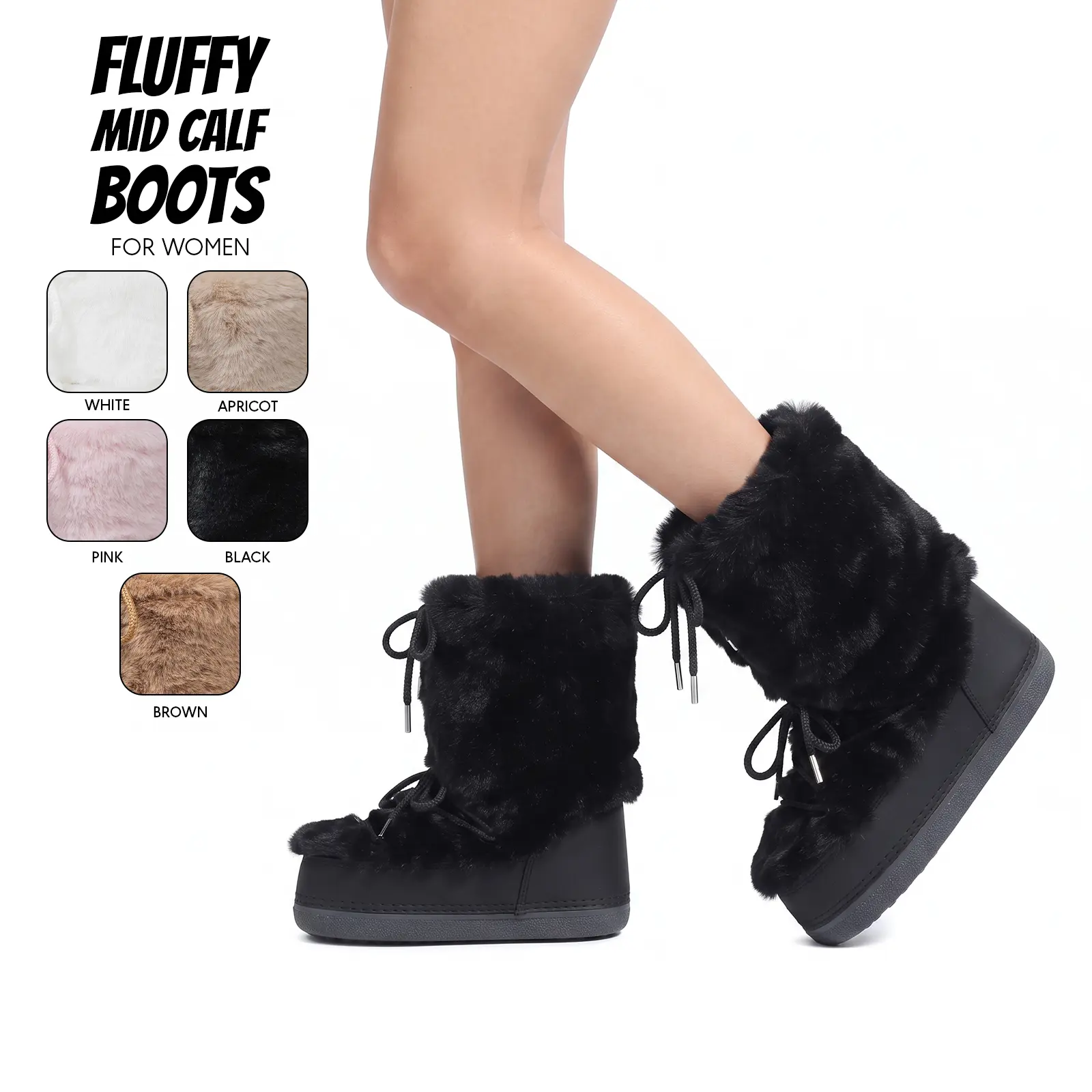 Womens Faux Fur Boots Mid Calf Platform Boots Round Toe Lace Up Plush Trim Fashion Booties Non Slip Casual Outdoor Streetwear Dress Boots
