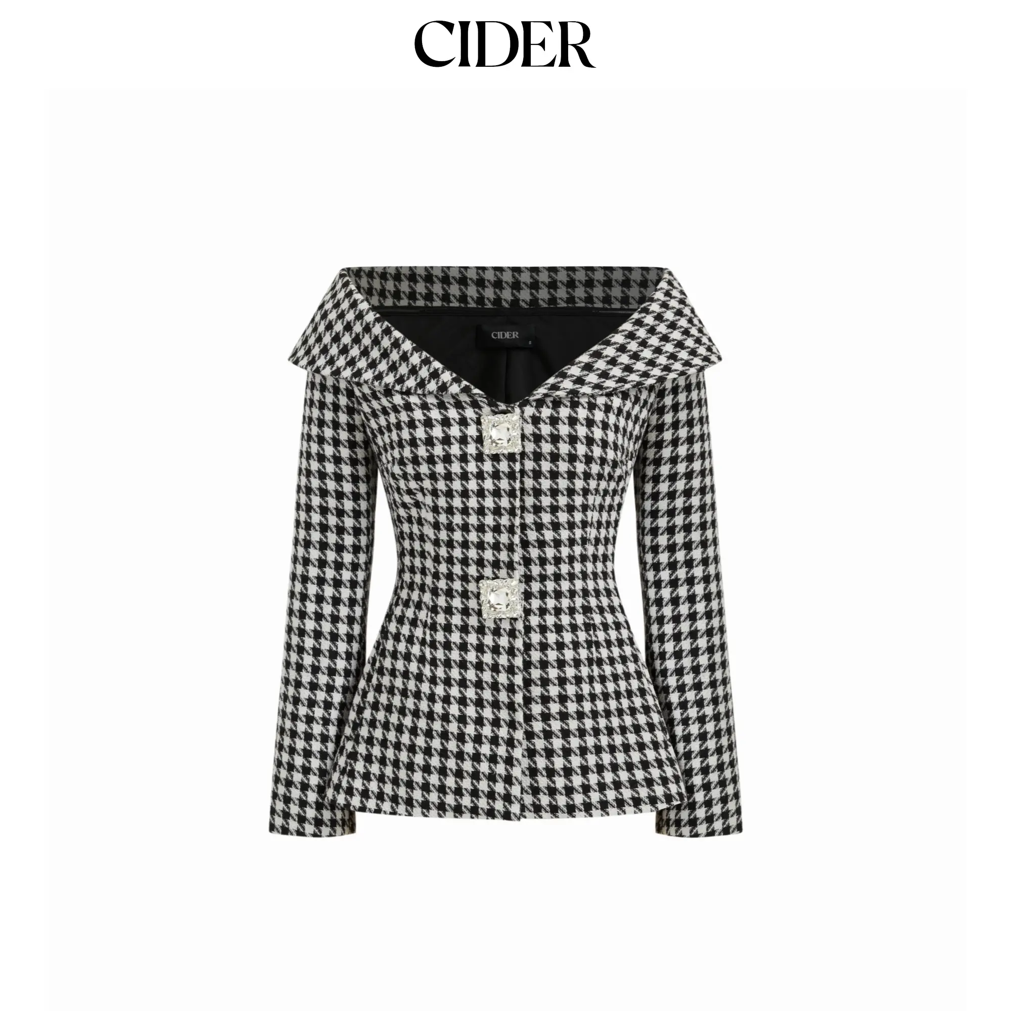 Cider Women's Chic Houndstooth Tweed Blazer - Belted, Fitted, Collared Neck, Cinched Waist, Long Sleeves, Button Closure, Rhinestone Accents