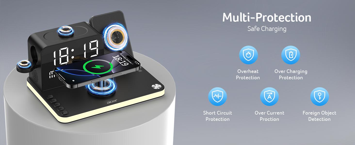 Acer 7 in 1 Wireless Charging Station Charger with LED Night Light, Bluetooth Time Sync Clock & Temperature Display, USB-A & USB-C, Magnetic MagSafe – for iPhone, Android Phone, Apple Watch & AirPods, Gift