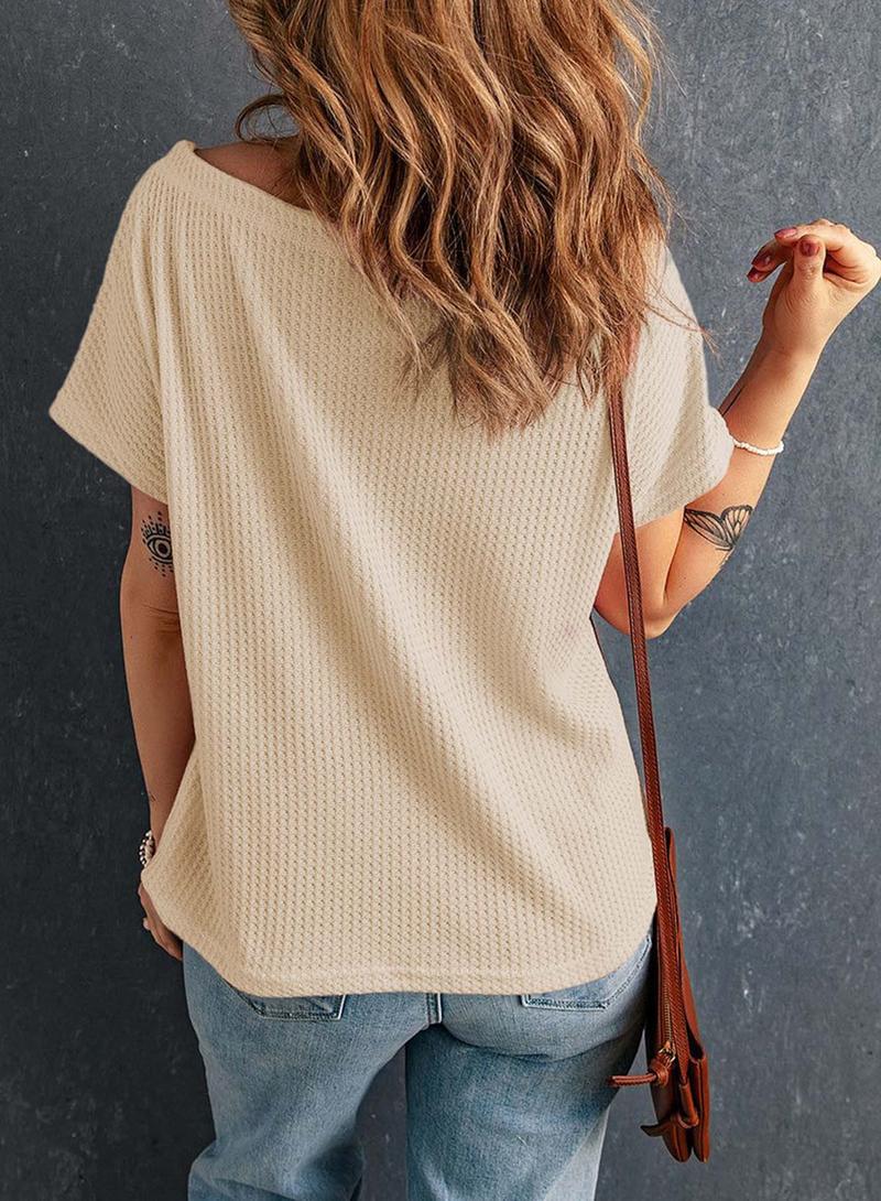 Angerella Women's Dressy Casual V-Neck Short Sleeve Waffle Knit Relaxed Fit Tunic Top Blouse Shirts for Summer