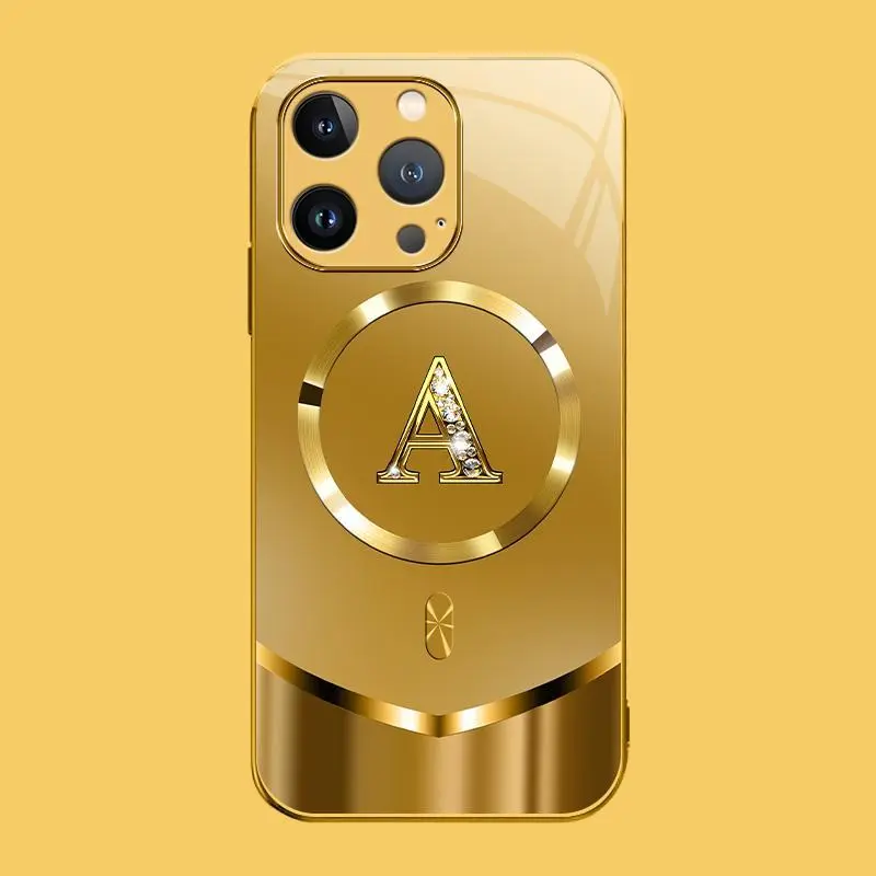 Suitable for [iPhone 13 Pro Max] high-end MagSafe phone case🥰，Luxury Gold 26 Initial phone Case Bling Monogram 952