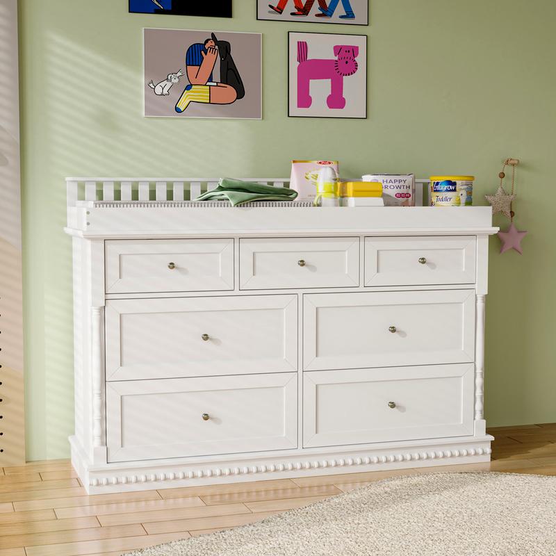 FUFU&GAGA Deborah Changing Table Dresser Antique White with Exposed Shelves, 5 Exposed Drawers & Space for Changing Pad, High-Quality Engineered Wood