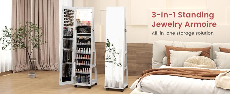 COSTWAY Jewelry Cabinet with Wheels, 64" H Full Length Mirror, 3-Color LED Lights, Height Adjustable Shelves, Lockable Standing Jewelry Organizer Armoire with Back Storage Shelves -costst