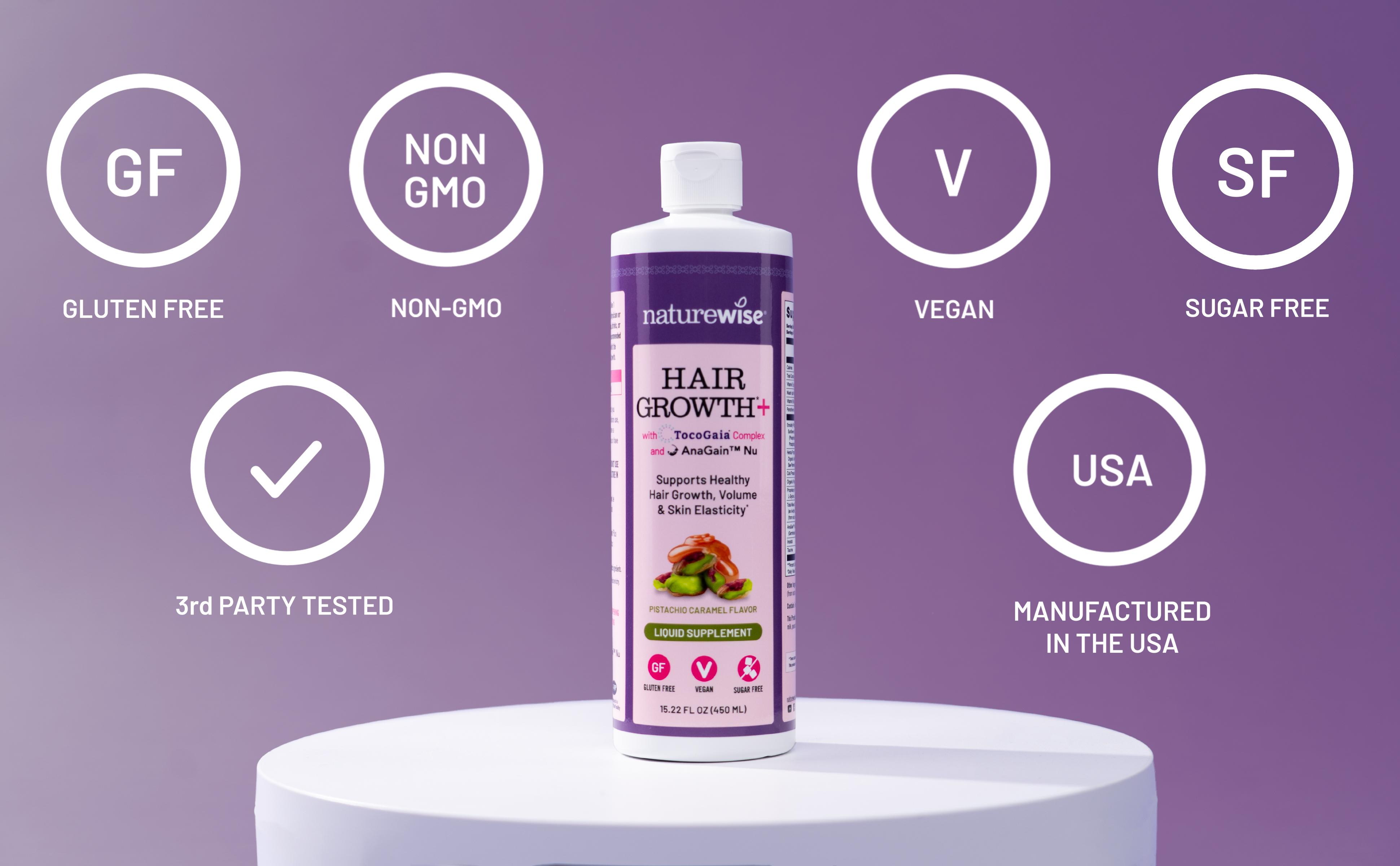 NatureWise Hair Growth Plus - Hair Growth Supplements Women & Men - With Clinically Tested AnaGain Nu + No Biotin - Sugar Free & Vegan - Pistachio Caramel Flavor - USA Manufactured