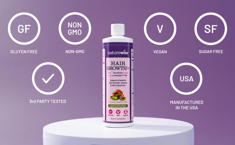 NatureWise Hair Growth Plus - Hair Growth Supplements Women & Men - With Clinically Tested AnaGain Nu + No Biotin - Sugar Free & Vegan - Pistachio Caramel Flavor - USA Manufactured