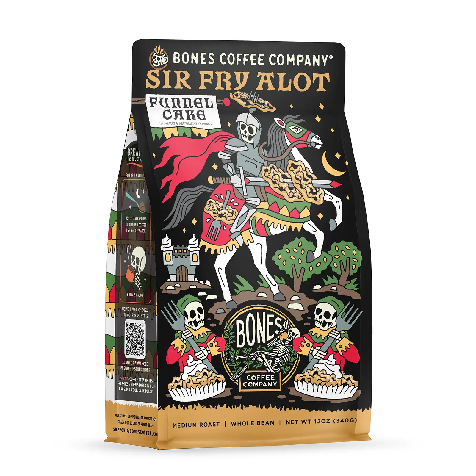 Bones Coffee Company Sir Fry Alot, 12oz Medium Roast Whole Bean - Sweet, Sugar-Infused, Vanilla-Flavored Warm Funnel Cake Coffee