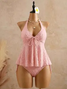 PRINTABOLD Women's Relaxed Vacation Polka Dot Textured Fabric Camisole Bikini Top Bathing Suits For Women Pink Swimwear Seashell Vintage