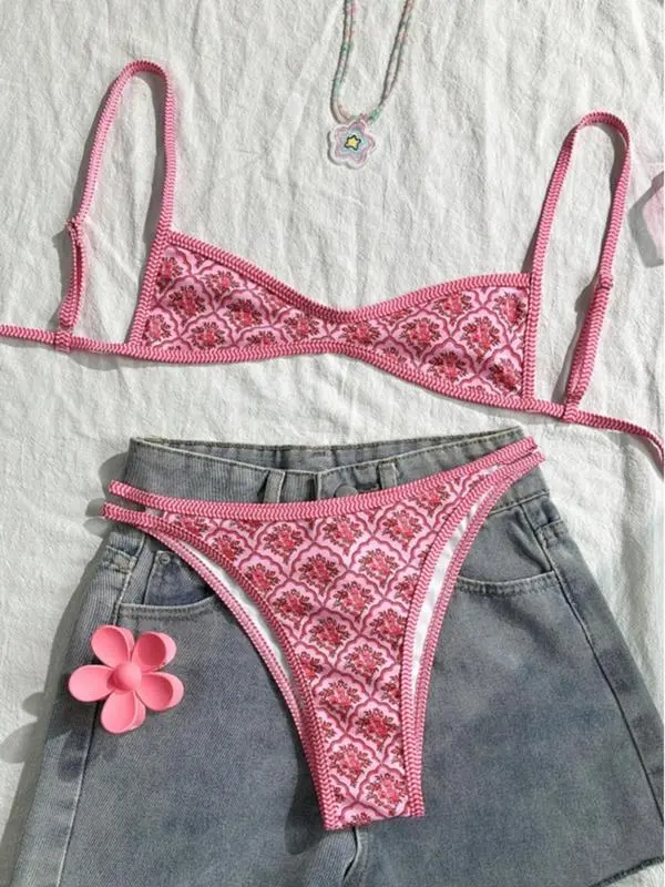 Two-Piece Set Women's Floral Print Bikini Set, Casual Fashion Chic Swimsuit Set for Beach Holiday Vacation, Ladies Summer Clothes, Tie Back Bikinis