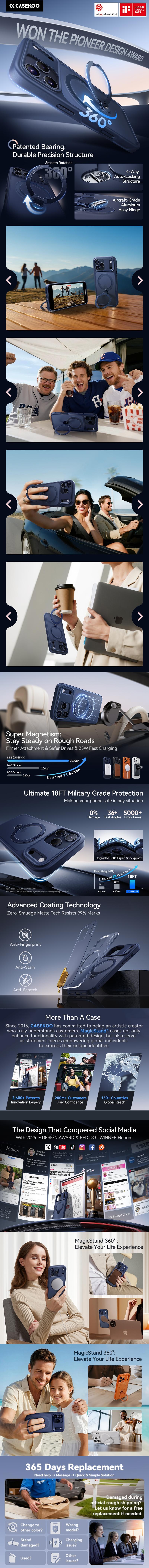 CASEKOO Official Blue iPhone 17/16 Pro Max Case with 360 Spin Magnetic Stand [Camera Protection] [Military Drop Protection] [Non-Slip Edge] [Matte Shockproof] [Compatible with MagSafe] Ring Grip Slim Matte 17 ProMax Case 6.9 Inch