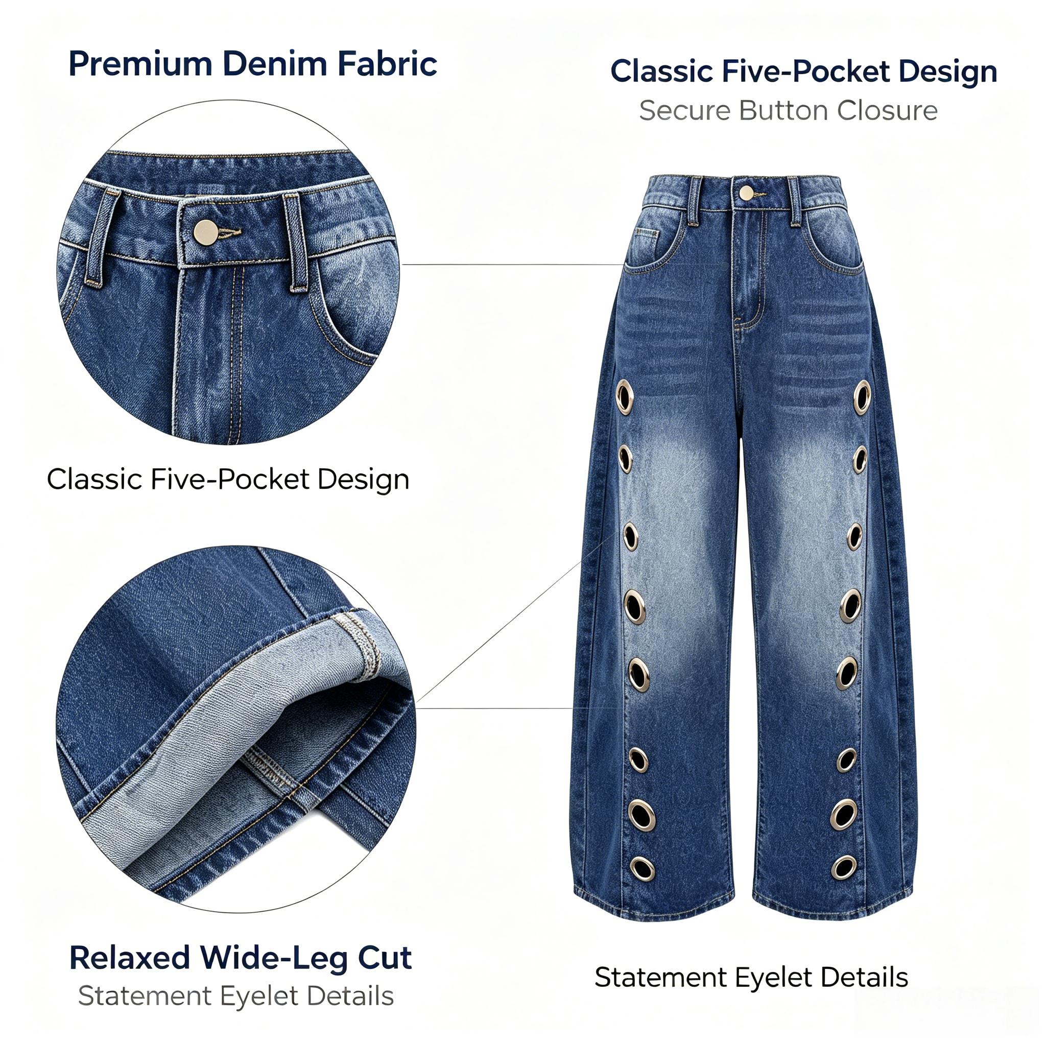UOOZEE Women's Fall Jeans 2026 Graphic Eyelet Jeans, High-Waist Baggy Wide Leg Statement Denim Bottoms for Festival Looks,back to school shopping, Cropped
