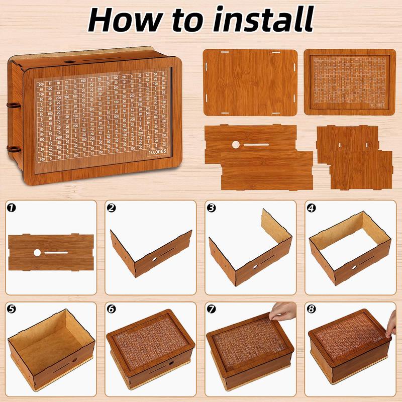 $10000 Larger Size Savings Challenge Box - Cash Vault Wooden Money Savings Box for Adults Kids - Kakeibo Money Bank - Wooden Cash Coin Piggy Bank with Counter and Dry Erase Pen - Brown