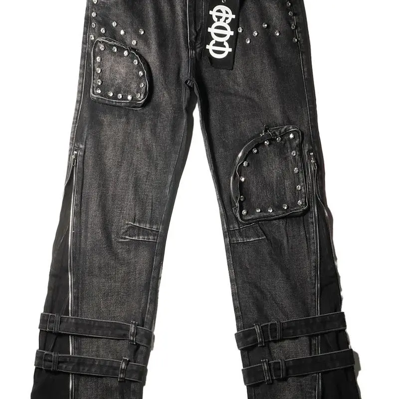 Strappy Wide Cargo Jeans with Rhinestone Detail and Raw Edge Hem for Menswear Top