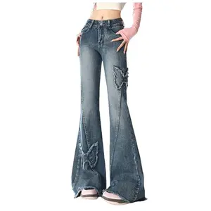 Y2k High Street Flare Jeans Retro Punk High Waist Wide Trousers Womens Fashion Frayed Butterfly Low Rise Vintage Trousers Baggy Cargo Pants