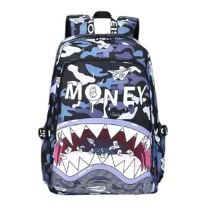 Fashion Backpack with Camo Design and Shark Graphic for Stylish Daily Use
